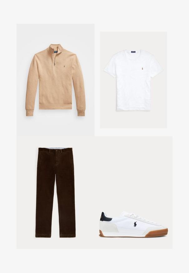 Beige pullover trui met een halve rits kraag, geribde manchetten en zoom, voorzien van een textuur stof en een klein logo op de linkerborst.; Witte T-shirt met korte mouwen en ronde hals met klein geborduurd Polo Ralph Lauren-logo op de linkerborst en een blauw merklint binnenin de kraag.; Bruine corduroy broek met voorzakken, riemlussen en knoopsluiting, getoond op een witte achtergrond.; Witte lage sneaker met bruine zool, zwarte hielpatch en zwart polo speler logo aan de zijkant.
