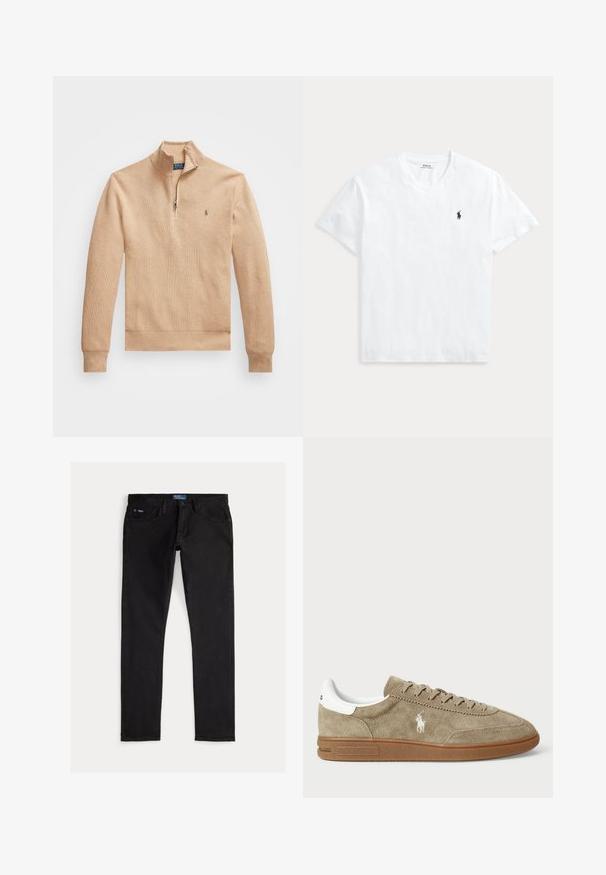 Beiger Pullover mit halb aufgezipptem Kragen, gerippten Bündchen und Saum. Das Material hat eine strukturierte Oberfläche und ein kleines Logo auf der linken Brust.; Weißes T-Shirt mit V-Ausschnitt und kurzen Ärmeln mit kleinem marineblauem Polo Ralph Lauren Pferdelogo auf der linken Brust.; Schwarze Slim-Fit-Denimjeans mit fünf Taschen, Gürtelschlaufen und einem blauen Markentag am Bund. Glatter, strapazierfähiger Stoff.; Wildledersneaker in Beige mit weißen Akzenten, runder Zehenform und Schnürdesign. Mit eingeprägtem Logo und Gummisohle für besseren Halt.
