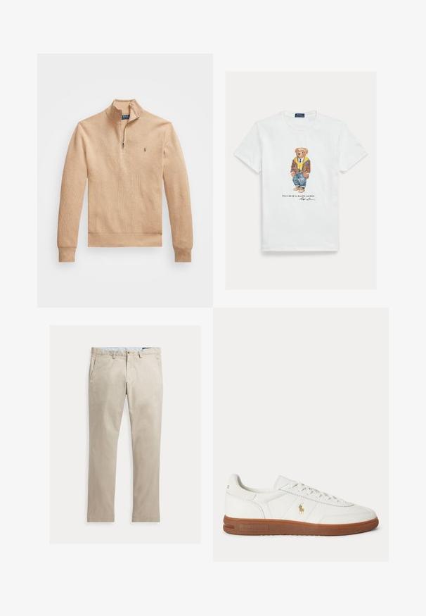 Beiger Pullover mit halb aufgezipptem Kragen, gerippten Bündchen und Saum. Das Material hat eine strukturierte Oberfläche und ein kleines Logo auf der linken Brust.; Weißes Baumwoll-T-Shirt mit einer Grafik eines gekleideten Cartoon-Bären. Auffällige Details sind eine braune Jacke, eine gelbe Kapuzenjacke und blaue Jeans.; Beige Baumwollhose mit geradem Bein, Fronttaschen, Gürtelschlaufen, Knopfverschluss und Reißverschluss, flach auf weißem Hintergrund dargestellt.; Weißer Sneaker mit niedrigem Schnitt, brauner Sohle, Schnürung vorne und kleinem goldfarbenem Polo Ralph Lauren Logo an der Seite.