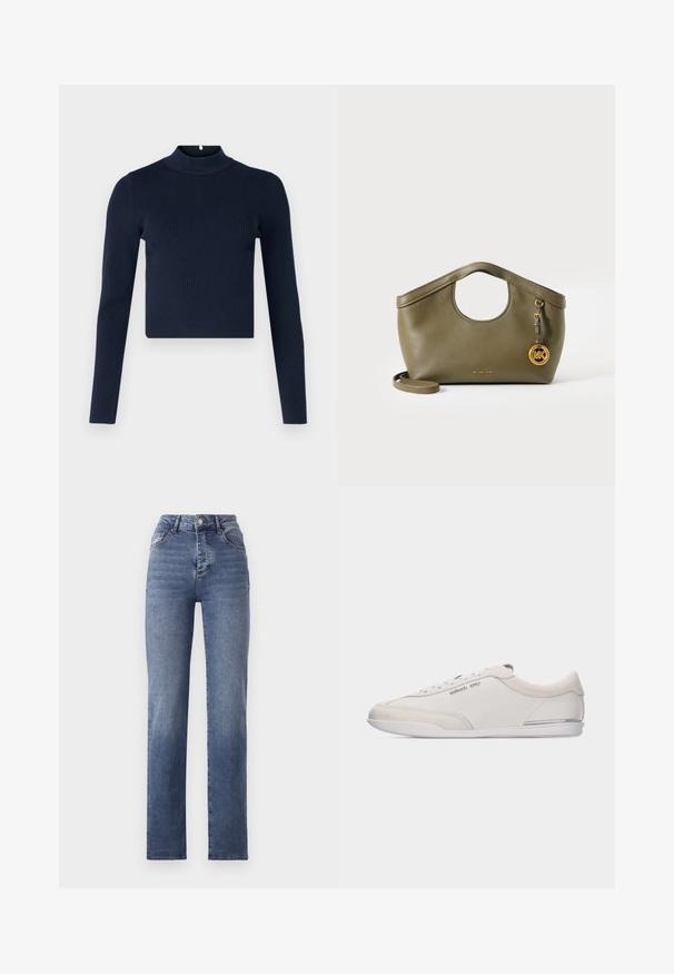 Marineblå ribbet langærmet top med høj hals og cropped design. Fremstillet af tekstureret stof med en minimalistisk stil.; Højtaljede blå jeans med lige ben, lavet af denim. Funktionen inkluderer diskrete slidser og klassisk fem-lomme stil.; Lavprofil hvid og beige snøresneakers med glat læder og ruskindsdetaljer, med en lille Michael Kors-logo på siden.; Olivengrøn læderhåndtaske med rund udskåret hank, gyldent MK-logo vedhæng og aftagelig skulderrem på hvid baggrund.