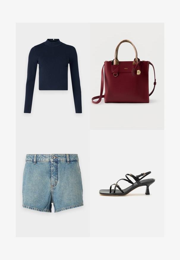 Marineblå ribbet langærmet top med høj hals og cropped design. Fremstillet af tekstureret stof med en minimalistisk stil.; Lyseblå denimshorts med en falmet tekstur, lige snit og kantede kanter. Har en frontknap og klassisk 5-lommers design.; Sorte lakerede sandaler med stropper, kvadratisk tå og en lav blokhæl. Udstyret med guldfarvet hardware og justerbare ankelremme.; Mørkerød lædertaske fra Furla med beige stofhåndtag, guldfarvet hardware og en aftagelig skulderrem.