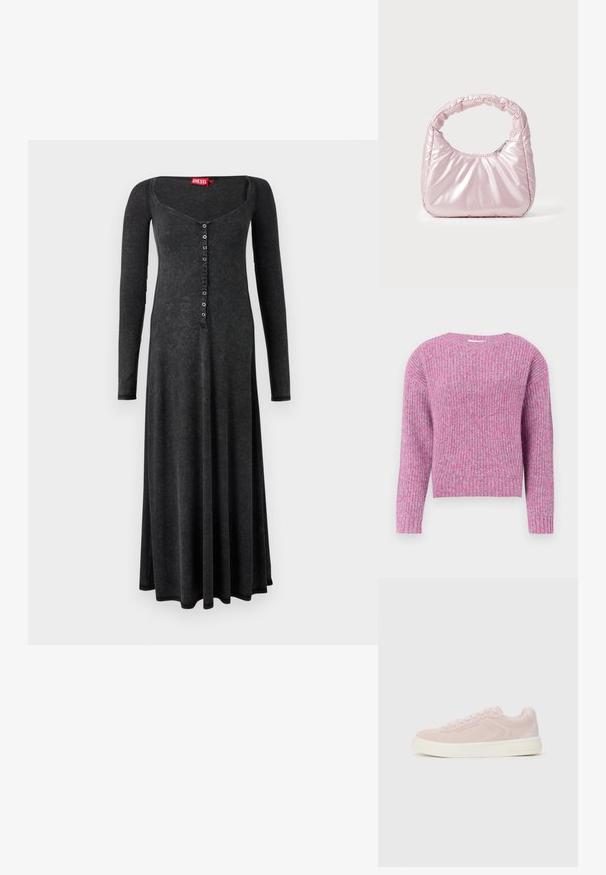 Langsleeve gebreide trui in een roze en lavendel gemengde garen met geribbelde kraag, manchetten en zoom.; Zwarte jurk met lange mouwen van geribbelde stof, met een diepe halslijn en een knoopsluiting aan de voorkant, met een vloeiende silhouet.; Lichtroze suède sneaker met een platte witte rubberen zool, een afgeronde neus en gouden logo-accenten, voorzien van veters en een glad hielpaneel.; Roze, gevoerde handtas met een afgeronde vorm, gemaakt van glanzend materiaal. Beschikt over een geplooide handgreep en een ritssluiting voor veilige toegang.