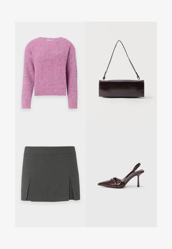 Suéter de punto de manga larga en una mezcla de hilo rosa y lavanda, con cuello, puños y dobladillo acanalados.; Minifalda gris con una textura suave, que presenta una cinturilla plana y dos aberturas en los lados frontales para un detalle adicional. Diseño casual.; Zapato de tacón slingback de charol burdeos con puntera puntiaguda, fina correa en el tobillo y pequeño detalle decorativo de hebilla. Textura suave y tacón alto.; Bolso rectangular de cuero negro con una sola correa larga y acabado brillante, exhibido sobre un fondo blanco liso.