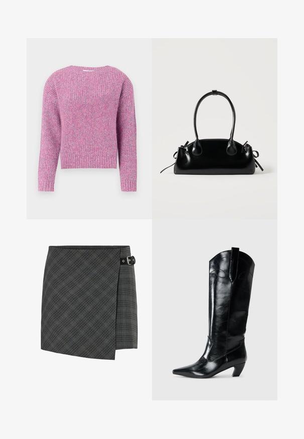 Suéter de punto de manga larga en una mezcla de hilo rosa y lavanda, con cuello, puños y dobladillo acanalados.; Falda de lana a cuadros gris oscuro con detalle de hebilla negra en el lado derecho, dobladillo recto y un sutil patrón de líneas diagonales.; Botas de cuero negras hasta la rodilla con punta afilada, tacón bajo y detalle de costura decorativa en los laterales. Acabado suave y brillante.; Pequeño bolso negro brillante con dos asas largas y detalles de cordón lateral sobre un fondo claro liso.
