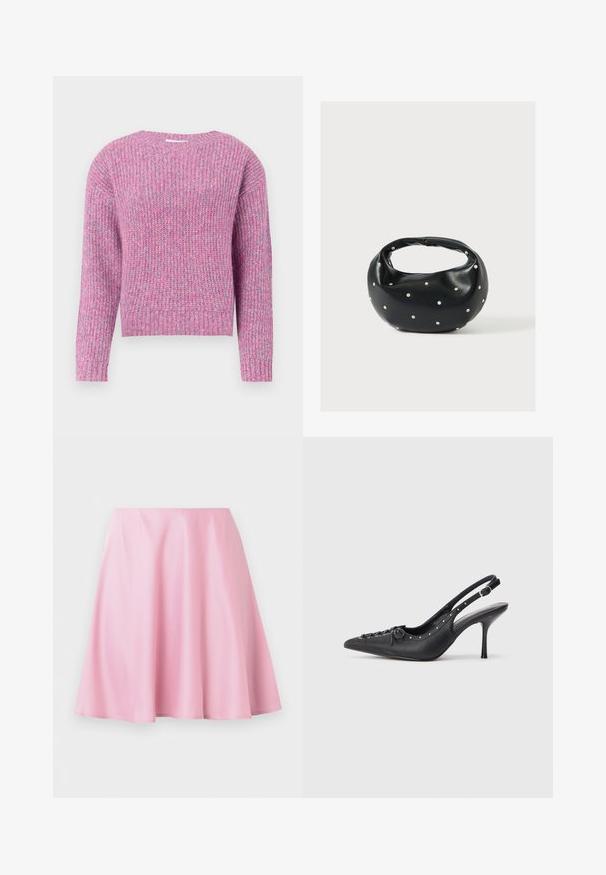 Pull en tricot à manches longues en fil mélangé rose et lavande, avec un col, des poignets et un ourlet côtelés.; Jupe rose longueur genou en ligne A avec un tissu lisse et de légères plis, présentée sur un fond blanc uni.; Escarpin en cuir noir à talon aiguille avec un bout pointu, une bride latérale à boucle, des clous le long du bord et un laçage décoratif à l'avant.; Sac à main en cuir noir de forme arrondie, décoré de clous argentés et équipé d'une poignée courte. Texture lisse et fermeture éclair.