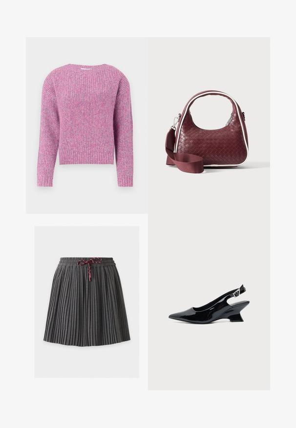 Pull en tricot à manches longues en fil mélangé rose et lavande, avec un col, des poignets et un ourlet côtelés.; Jupe plissée gris foncé avec une taille élastique et un cordon bordeaux noué au centre devant.; Chaussure slingback en cuir verni noir avec bout pointu et petit talon bloc incliné sur fond clair uni.; Sac à main en cuir tressé marron foncé avec poignée courbée, garniture blanche, fermeture éclair argentée et bandoulière large en tissu amovible sur fond uni.