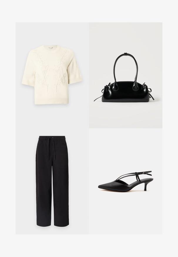 Pull tricot à manches courtes de couleur crème avec ourlets côtelés et broderie florale subtile en relief sur le devant et les épaules.; Pantalons larges noirs en tissu lisse, avec une taille à cordon, deux poches avant et une coupe ample pour le confort.; Escarpin noir en cuir à bout pointu avec petit talon kitten, fine bride de cheville avec boucle, design slingback, sur un fond uni clair.; Petit sac à main noir brillant avec deux longues anses et des détails à cordon sur les côtés sur un fond clair uni.