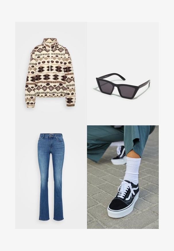 Fleece-pullover i creme med mørkebrune og taupe geometriske mønstre, høj krave, halv lynlås foran og elastiske manchetter og kant.; ONLY Tall ONLWAUW MID WAIST - Jeans Slim Fit - medium blue denim; Sorte ruskinds sneakers med hvide accenter og snørebånd, der har en tyk hvid sål og kontrasterende syninger, parret med en hvid sok.; Sorte, kantede solbriller med grå linser; lavet af plast, med tykke stænger med en glat overflade og ingen synlig hardware.