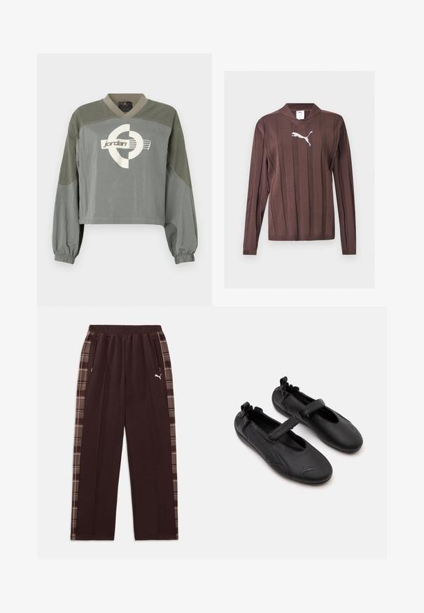 Pull-over court à manches longues avec des poignets élastiques, blocs de couleur vert-gris atténuée, et logo Jordan blanc centré sur la poitrine.; Pull marron à manches longues avec des rayures verticales texturées et un logo Puma blanc centré sur la poitrine sur un fond uni.; Pantalon de survêtement marron foncé avec taille élastique, poches latérales zippées, panneaux latéraux à carreaux et logo Puma blanc sur la jambe gauche.; Paire de chaussures en cuir noir style Mary Jane avec arrière élastiqué et bride velcro, avec un logo Puma discret sur chaque orteil.