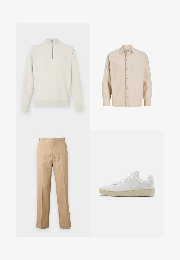 Pull-over à manches longues couleur écru avec une fermeture éclair quart et col montant, poignets et ourlet côtelés, présenté sur un fond uni.; Chemise beige en coton avec une poche sur le côté gauche, un col à revers et des manches longues. Elle est ornée de boutons marron.; Pantalon beige droit avec passants de ceinture, fermeture éclair à l'avant et plis marqués, présenté sur un fond blanc uni.; Baskets en cuir blanc avec une finition texturée et un col rembourré. Elles sont dotées d'une semelle en caoutchouc beige et d'une discrète branding sur le talon et le côté.