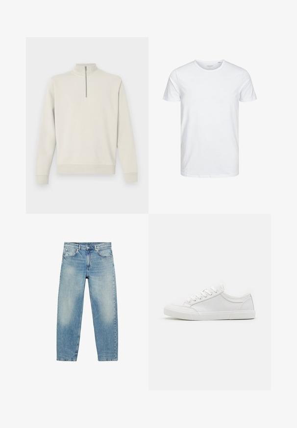 Pull-over à manches longues couleur écru avec une fermeture éclair quart et col montant, poignets et ourlet côtelés, présenté sur un fond uni.; T-shirt à col rond à manches courtes de couleur blanche unie, fabriqué en coton doux, avec un design simple sans motifs ni accents visibles.; Jean droit en denim bleu avec poches avant et passants de ceinture, présentant des détails légèrement décolorés sur les cuisses et les genoux.; Baskets blanches avec une tige en cuir lisse, bout rond, semelle plate en caoutchouc et six œillets pour les lacets. Détails de couture subtils, design minimaliste.
