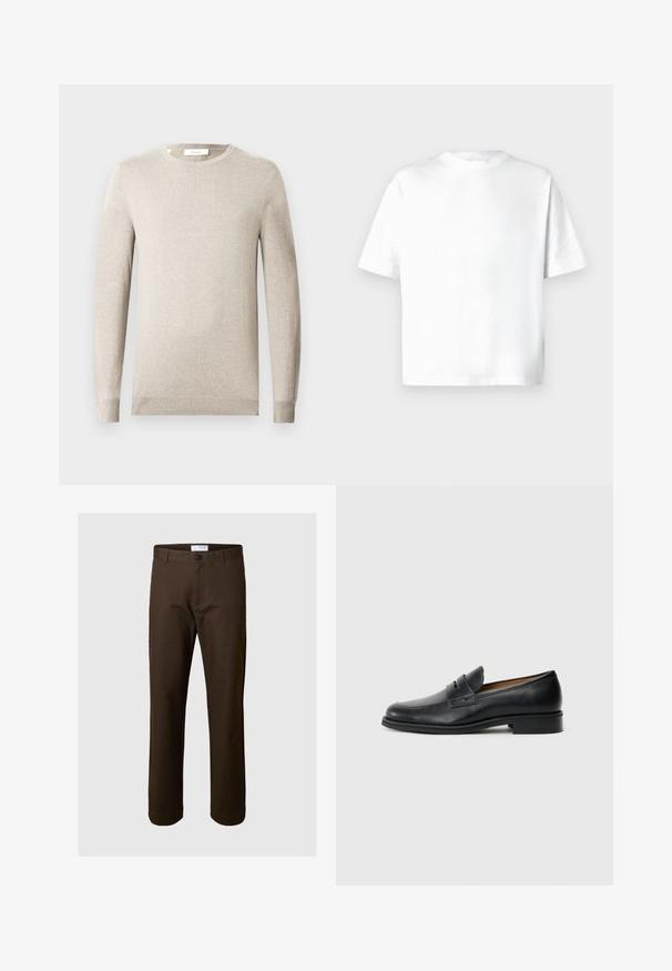 Pull beige à manches longues avec col rond, poignets et ourlet côtelés, présenté sur un fond clair uni.; T-shirt blanc à manches courtes en coton doux, doté d'un col rond et d'une coupe décontractée sans motifs ni graphiques. Texture lisse.; Pantalon en coton marron avec une coupe droite, une taille et une fermeture à bouton à l'avant. Pas de motifs ou d'accents visibles.; Mocassins en cuir noir avec un bout arrondi, présentant un détail de sangle à l'avant et un petit talon solide. Texture lisse et design épuré.