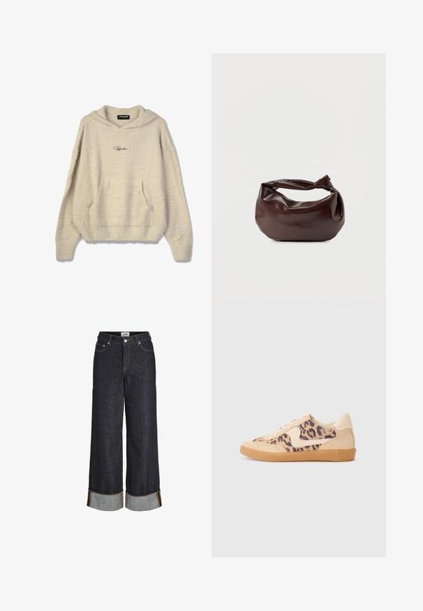 Fuzzy beige hoodie met een voorzak, ribbelboorden en een capuchon met trekkoord. Bevat het "Pegador" logo in zwart op de borst.; Donkerblauwe wijde jeans met omgeslagen zomen, vijf zakken en contrasterend gele stiksels.; Luipaardprint sneakers met een beige suède bovenkant, tan rubberen zool en witte accenten. Ronde neus en vetersluiting met een gestructureerde afwerking.; Donkerbruine leren schoudertas met een zachte, slungelige vorm en een gedraaide knoopvormige handgreep op een effen witte achtergrond.