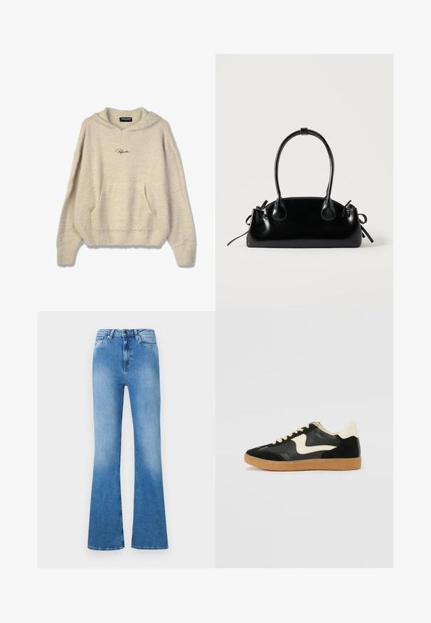 Fuzzy beige hoodie med en frontlomme, ribbede manchetter og hætte med snor. Har "Pegador" logo i sort på brystet.; Lysblå flagrende jeans lavet af denim. Har klassisk fem-lomme design, knaplukning og en falmet finish mod bunden.; Sorte ruskinds- og lædersneakers med en cremefarvet side-swoosh og lys cremefarvet hæl. Har beige snørebånd og en gummirubber-sål.; Lille sort blank håndtaske med to lange håndtag og snøre-detaljer i siden på en ensfarvet lys baggrund.