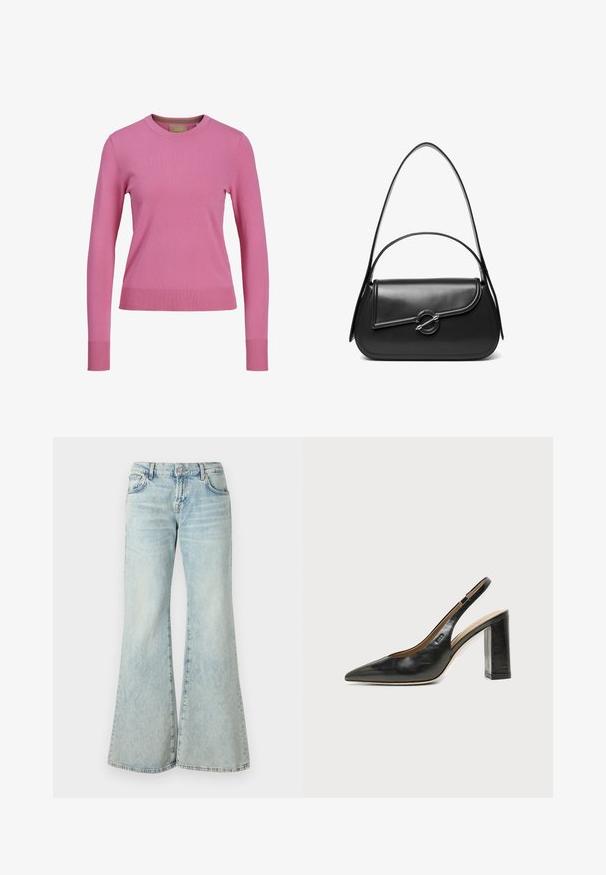 Pull en maille rose à manches longues avec des poignets et un ourlet côtelés, présenté sur un fond blanc.; Jeans évasés bleu clair en denim, avec une taille haute, des poches et des ourlets effilochés. Le tissu présente un délavage usé et une texture subtile.; Chaussure slingback en cuir noir à bout pointu avec un talon bloc haut et une doublure intérieure beige sur un fond clair uni.; Sac à bandoulière en cuir noir avec un rabat incurvé fermé par un fermoir métallique rond et une sangle fine et ajustable.