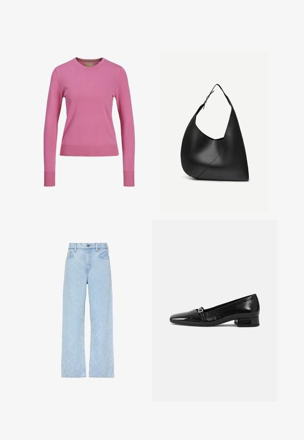 Langärmliger rosa Rundhals-Pullover mit gerippten Bündchen und Saum, vor einem weißen Hintergrund ausgestellt.; Hellblaue Jeans aus Denim mit hoher Taille und weitem Bein, durchgehend mit einem dezenten diamantgesteppten Muster versehen.; Schwarze Lackleder-Ballettschuhe mit spitzem Zehenbereich, niedrigem quadratischem Absatz und einem kleinen metallischen Schnallenakzent am Riemen. Glatte Textur.; Schwarze Leder-Schultertasche mit geschwungener dreieckiger Form, einem verstellbaren Einzelriemen und sichtbarer diagonaler Naht auf der Vorderseite.