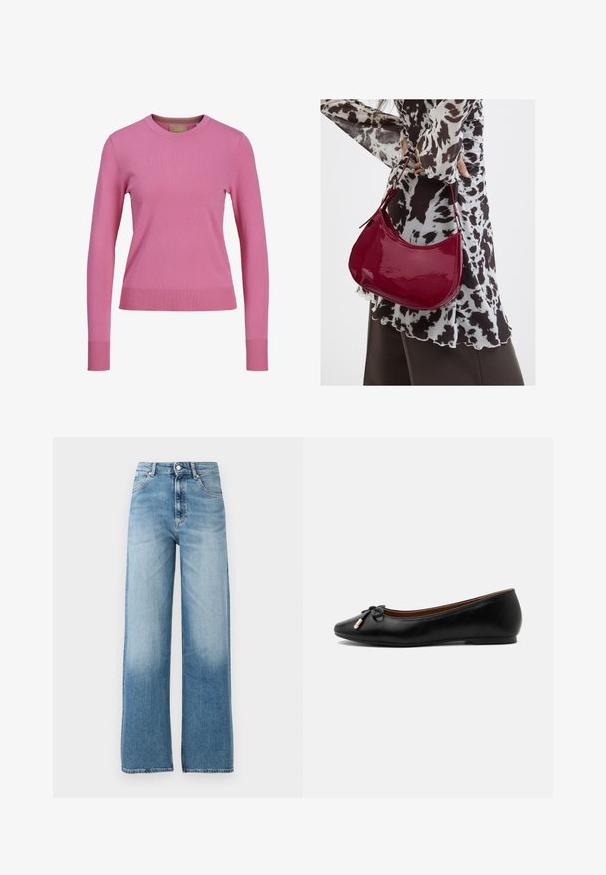 Lange mouw roze trui met ronde hals en geribde mouwen en zoom, weergegeven tegen een witte achtergrond.; Lichtblauwe, wijde jeans met een hoge taille. Gemaakt van denim, met een knoopsluiting en vijf zakken. Vervaagt naar de bodem toe.; Zwarte leren ballerina met een afgeronde neus, een klein strikje met goudkleurige uiteinden en een lage platte hak op een grijze achtergrond.; Vrouw met een zwart-wit gebloemde blouse houdt een glanzende rode schoudertas vast tegen een effen achtergrond.