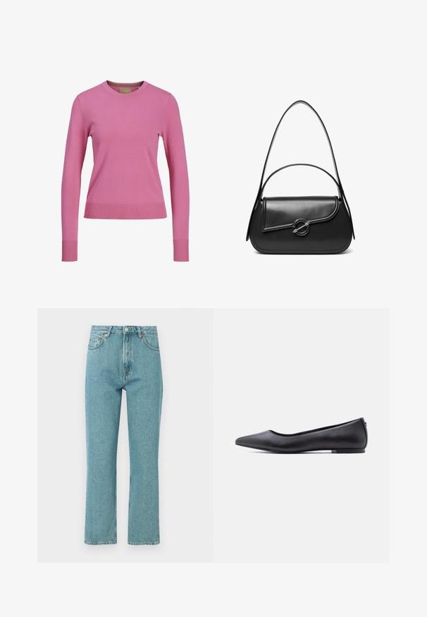 Langärmliger rosa Rundhals-Pullover mit gerippten Bündchen und Saum, vor einem weißen Hintergrund ausgestellt.; Helle blaue, hochgeschnittene Jeans mit geradem Bein. Aus Denim gefertigt, mit Fronttaschen und Knopfverschluss.; Schwarzer flacher Lederschuh mit spitzer Kappe und niedrigem Absatz, seitlich vor weißem Hintergrund gezeigt.; Schwarze Lederschultertasche mit einer geschwungenen Klappe, die durch einen runden Metallverschluss gesichert ist, und einem schlanken, verstellbaren Riemen.