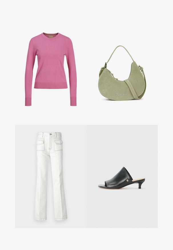 Lange mouw roze trui met ronde hals en geribde mouwen en zoom, weergegeven tegen een witte achtergrond.; Witte denim flarebroeken met dubbele voorkruiden, contrasterende stiksels en een hoge taille. De stof is stevig met een gladde textuur.; Zwarte leren open teen muiltjes met een lage hak. Heeft een glad oppervlak en een gouden logo accent aan de zijkant.; Lichtgroene suède handtas in halve maanschik met korte handgreep, verstelbare schouderriem en zilveren Karl Lagerfeld Jeans-logo.