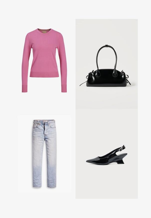 Langärmliger rosa Rundhals-Pullover mit gerippten Bündchen und Saum, vor einem weißen Hintergrund ausgestellt.; Helle blaue Denim-Jeans mit geradem Bein, ausgestattet mit einem Knopfverschluss, fünf Taschen und dezenten Ausbleichungen entlang der Beine.; Schwarzer Slingback-Schuh aus Lackleder mit spitzer Spitze und niedrigem, schrägem Blockabsatz auf einfachem hellem Hintergrund.; Kleine schwarze glänzende Handtasche mit zwei langen Griffen und seitlichen Kordelzug-Details vor einfachem hellem Hintergrund.