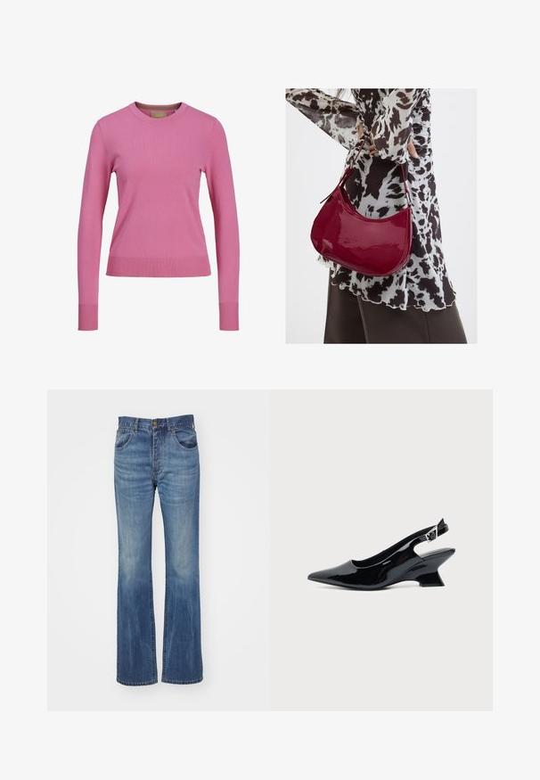 Lange mouw roze trui met ronde hals en geribde mouwen en zoom, weergegeven tegen een witte achtergrond.; Flared blauwe denim jeans met een middelmatige wasbeurt, voorzien van een hoge taille, riemlussen en voorzakken. Vette textuur met minimale slijtage.; Zwarte lakleren slingback schoen met spitse neus en lage schuine blokhak op een effen lichte achtergrond.; Vrouw met een zwart-wit gebloemde blouse houdt een glanzende rode schoudertas vast tegen een effen achtergrond.