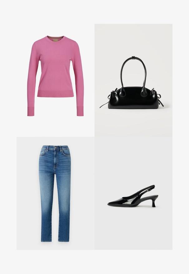 Lange mouw roze trui met ronde hals en geribde mouwen en zoom, weergegeven tegen een witte achtergrond.; Hoge taille blauwe jeans van denim, met een rechte pijp, vijf zakken en subtiele vervaging voor textuur en detail.; Zwarte lakleren slingback schoenen met een spitse neus en een lage blokhak. Verstelbare gespband bij de enkel.; Kleine zwarte glanzende handtas met twee lange hengsels en zijkant trekkoord details op een effen lichte achtergrond.