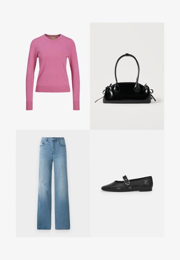Lange mouw roze trui met ronde hals en geribde mouwen en zoom, weergegeven tegen een witte achtergrond.; Lichtblauwe high-waisted jeans met een rechte pasvorm. Gemaakt van denim, met vijf zakken en een knoopsluiting.; Zwarte leren platte schoen met een ronde neus, een enkele verstelbare gespsluiting en een gladde, glanzende textuur. Minimalistisch ontwerp met een lage hak.; Kleine zwarte glanzende handtas met twee lange hengsels en zijkant trekkoord details op een effen lichte achtergrond.