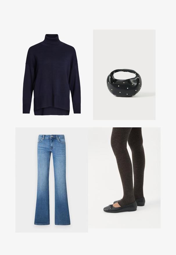 Navyblauwe coltrui met een ontspannen pasvorm, ribbels aan de mouwen en zoom, met een middelste naaddetail en een zachte textuur.; Lichtblauwe uitlopende jeans gemaakt van denim. Voorzien van een ontwerp met vijf zakken, metalen knoopsluiting en subtiele vervagingen bij de knieën.; Benen met donkere geribbelde leggings gecombineerd met zwarte ballerina's met kleine strikdetails op een witte achtergrond.; Zwarte leren handtas met een afgeronde vorm, versierd met zilveren studs, en een korte handgreep. Gladde textuur en ritsluiting.
