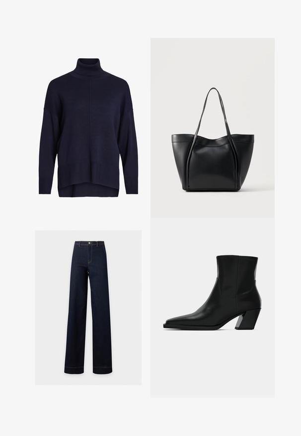 Navyblauwe coltrui met een ontspannen pasvorm, ribbels aan de mouwen en zoom, met een middelste naaddetail en een zachte textuur.; Donkerblauwe jeans met hoge taille en wijde pijpen, met knoop- en ritssluiting, voorzakken en zichtbare stiksel details.; Zwarte leren enkelboot met een spitse neus, een slanke silhoeet en een chunky vierkante hak. Gladde textuur met minimale stikdetails.; Zwarte leren tote-tas met twee lange handvatten en een licht gebogen bovenrand, getoond tegen een effen lichte achtergrond.