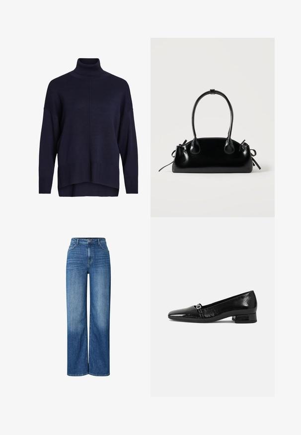 Navyblauwe coltrui met een ontspannen pasvorm, ribbels aan de mouwen en zoom, met een middelste naaddetail en een zachte textuur.; Brede blauwe denim jeans met een hoge taille, voorzien van vervaagde gebieden, een traditionele vijf-pocketontwerp en een knoopsluiting aan de voorkant.; Zwarte laarzen van gepatenteerd leer met een puntige neus, een lage vierkante hak en een kleine metalen gespdetail op de band. Gladde textuur.; Kleine zwarte glanzende handtas met twee lange hengsels en zijkant trekkoord details op een effen lichte achtergrond.