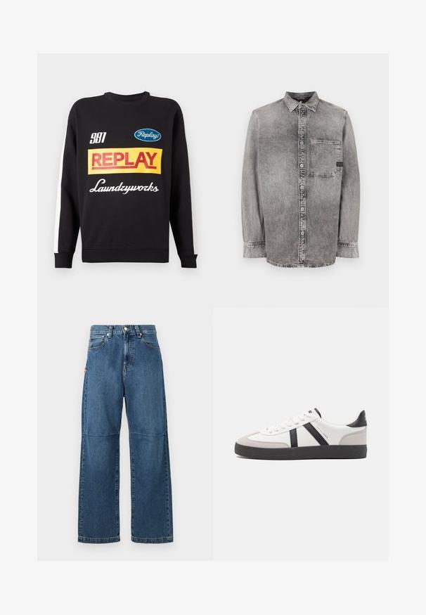 Schwarzer Rundhalspullover mit weißen Streifen an den Ärmeln, auf der Vorderseite mit mehrfarbigen "Replay"- und "Laundryworks"-Textlogos versehen.; Graues Denim-Hemd mit Knopfleiste, langen Ärmeln, mittlerem Stoffgewicht, einer Brusttasche, abgedunkeltem Finish mit kontrastierenden Knöpfen, klassischem Kragen.; Blaue Jeans aus Denim mit entspannter Passform, geraden Beinen, sichtbarem Nähen und einem vorderen Knopfverschluss. Verfügt über eine Seitentasche mit einem Akzent.; Weiße Sneaker mit schwarz- und grau-aczenten, ausgestattet mit einer strukturierten grauen Zehenkappe, schwarzer Gummi-Sohle und flachen weißen Schnürsenkeln. Sauberes Design, minimalistische Stil.