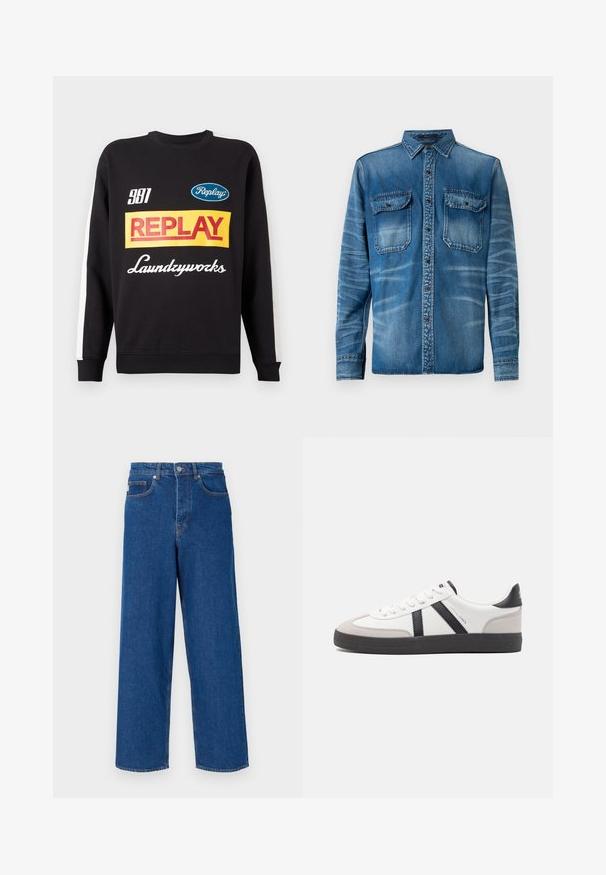 Schwarzer Rundhalspullover mit weißen Streifen an den Ärmeln, auf der Vorderseite mit mehrfarbigen "Replay"- und "Laundryworks"-Textlogos versehen.; Denimhemd in Mittelblau mit ausgewaschenen Stellen. Verfügt über einen spitzen Kragen, eine durchgehende Knopfleiste und zwei Brusttaschen mit Knopfklappen.; Weite blaue Jeans aus Denim mit hoher Taille, Fünf-Taschen-Design und Kontrastnähten entlang der Nähte und Taschen.; Weiße Sneaker mit schwarz- und grau-aczenten, ausgestattet mit einer strukturierten grauen Zehenkappe, schwarzer Gummi-Sohle und flachen weißen Schnürsenkeln. Sauberes Design, minimalistische Stil.