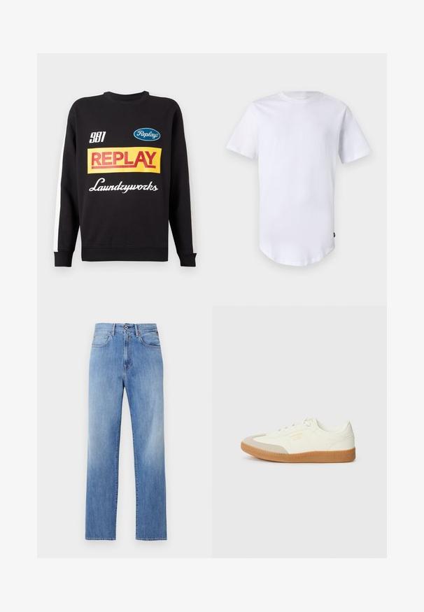 Schwarzer Rundhalspullover mit weißen Streifen an den Ärmeln, auf der Vorderseite mit mehrfarbigen "Replay"- und "Laundryworks"-Textlogos versehen.; Weißes T-Shirt mit kurzen Ärmeln aus Baumwolle. Rundhalsausschnitt mit abgerundetem Saum. Etikett auf der unteren linken Seite sichtbar. Glatte Textur.; Hellblaue Straight-Leg-Jeans mit Frontknopf, Reißverschluss und Fünf-Taschen-Design auf weißem Hintergrund.; Sneaker aus weißem Leder mit einer beigen Zehenkappe und leichter brauner Gummisohle. Verfügt über flache weiße Schnürsenkel und geprägtes Branding an der Seite.