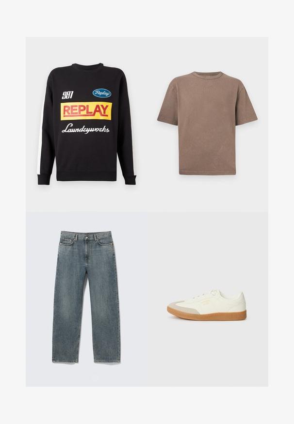 Musternud mustri sweat-pullover must sisaldab valgeid triibusid varrukatel, ees on mitmevärviline "Replay" ja "Laundryworks" tekstilogo.; Lihtne pruun lühikeste varrukatega puuvillane t-särk ümara kaeluse ja lõdva istuvusega, mille taust on helehall.; Sinised sirge lõikega teksapüksid esikülje ja tagataskutega, vööaasad ning nööpidega sulgemisega, paigutatud valgele taustale.; Valgedest nahast tennisekets, millel on beež peaalus ja heledast pruunist kummist talla. Omab lapikuid valgeid paelu ning embosseeritud brändimist küljel.