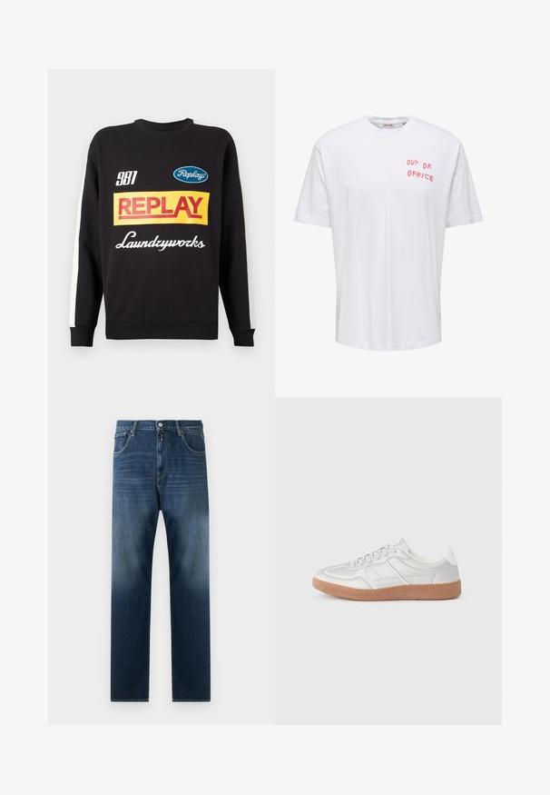 Musternud mustri sweat-pullover must sisaldab valgeid triibusid varrukatel, ees on mitmevärviline "Replay" ja "Laundryworks" tekstilogo.; Valge lühikeste varrukatega T-särk punase tekstiga "OUT OF OFFICE" vasakust ülaservast rinnal ja ümar kaelusega.; Tumedat sinised teksad sirge jala disainiga. Omab eespool taskuid, tõmbluku sulgemist ja diskreetset pleekimist ukseserva suunas.; Hõbedased tennised, millel on sile tekstuur, nööridega disain, perforatsioonidega aktsendid ning kootud pruun kummitald.