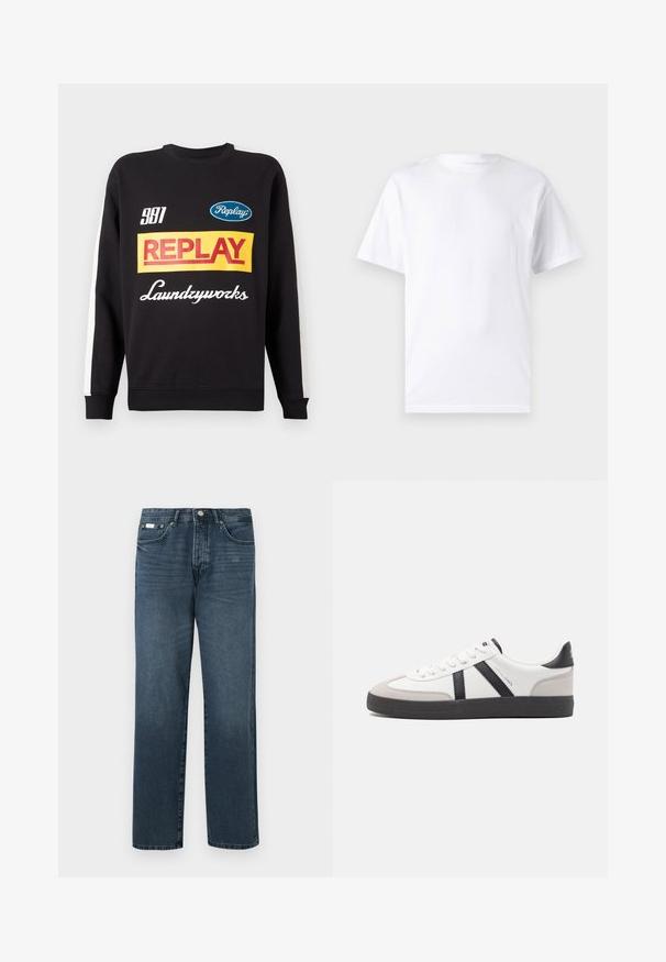 Sweat-shirt noir à col rond avec des rayures blanches sur les manches, présentant des logos de texte multicolores "Replay" et "Laundryworks" sur le devant.; T-shirt blanc à manches courtes en coton avec un col rond, présentant une texture lisse et un design simple, sans motifs ni accents.; Jean en denim bleu foncé avec une coupe droite, cinq poches, passants de ceinture et fermeture à glissière. Texture lisse avec des détails de décoloration subtils.; Baskets blanches avec des accents noirs et gris, présentant un embout texturé gris, une semelle en caoutchouc noir et des lacets plats blancs. Design épuré, style minimaliste.
