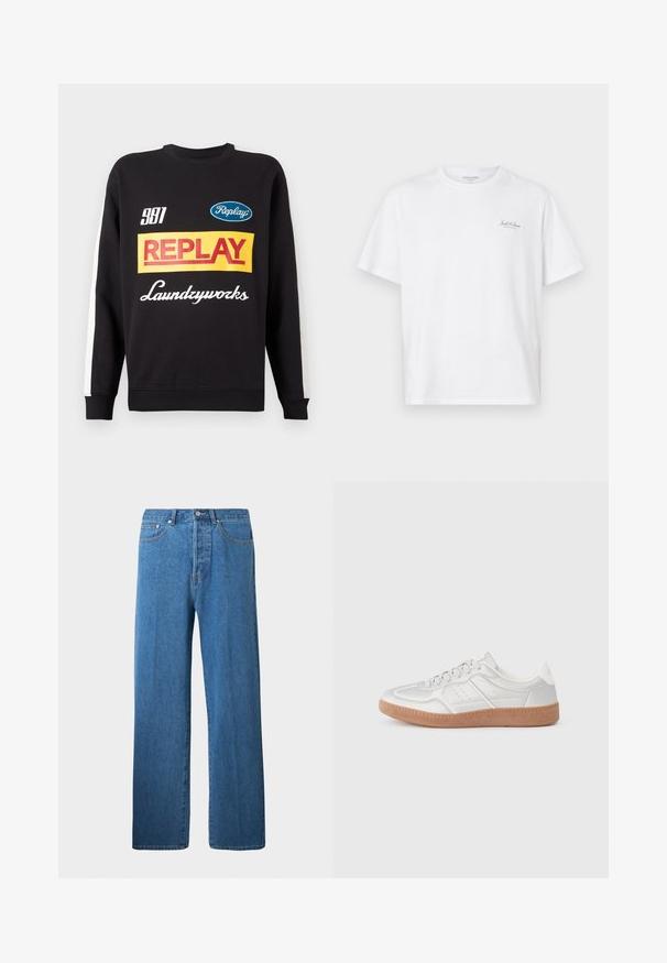 Zwarte crewneck sweatshirt met witte strepen op de mouwen, voorzien van kleurrijke "Replay" en "Laundryworks" tekstlogo's aan de voorkant.; Witte short-sleeve t-shirt gemaakt van katoen, met een ronde hals en een klein logo op de linkerborst. Soepele textuur, casual pasvorm.; Lichtblauwe denim jeans met een rechte pijp. Voorzien van vijf zakken, een knoopsluiting en minimale stikseldetails.; Zilveren sneakers met een gladde textuur, vetersluiting, geperforeerde accenten en een gestructureerde bruine rubberen zool.