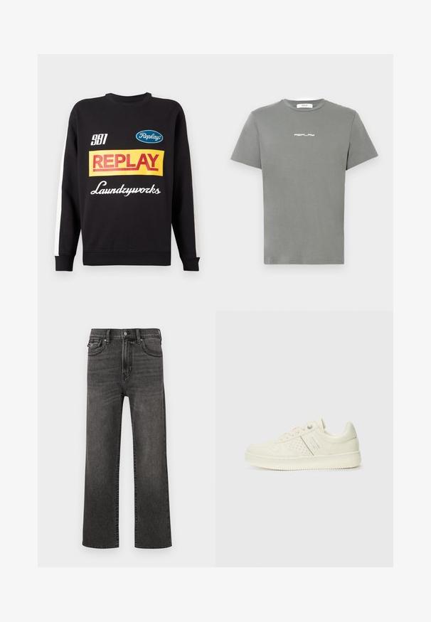 Schwarzer Rundhalspullover mit weißen Streifen an den Ärmeln, auf der Vorderseite mit mehrfarbigen "Replay"- und "Laundryworks"-Textlogos versehen.; Graues Baumwoll-T-Shirt mit kurzen Ärmeln und Rundhalsausschnitt, versehen mit einem weißen "REPLAY"-Logo auf der Vorderseite. Schlichtes, unverziertes Design.; Schwarze, ausgewaschene Jeans mit geradem Bein, Vorder- und Münztaschen, Knopf- und Reißverschluss, auf einem weißen Hintergrund präsentiert.; Cremefarbene Sneaker mit perforierten Details, Schnürsenkeln und Logo an der Seite, vor einem schlichten weißen Hintergrund präsentiert.