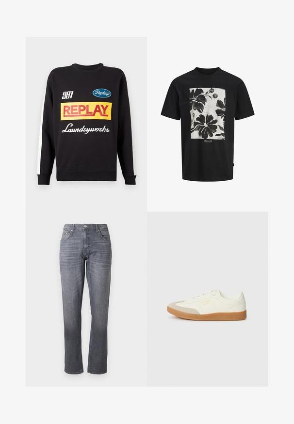 Musternud mustri sweat-pullover must sisaldab valgeid triibusid varrukatel, ees on mitmevärviline "Replay" ja "Laundryworks" tekstilogo.; Mustad lühikeste varrukatega t-särk, millel on suur ristkülikukujuline valge paneel julgete mustade lillemustritega, paikneb rinnal keskel.; Tumed hallid teksad otse lõikega, viie tasku ja nupuga kinnitusega. Omavad peent pleekimist ja siledat tekstuuri.; Valgedest nahast tennisekets, millel on beež peaalus ja heledast pruunist kummist talla. Omab lapikuid valgeid paelu ning embosseeritud brändimist küljel.