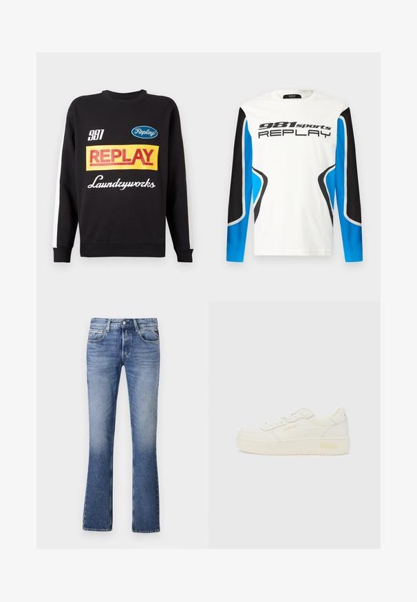 Musternud mustri sweat-pullover must sisaldab valgeid triibusid varrukatel, ees on mitmevärviline "Replay" ja "Laundryworks" tekstilogo.; Pikad varrukad spordipusa valge esiosa, mustade ja siniste varrukapaneelidega ning "981 sports REPLAY" logo trükitud rinna kohal.; Heledsinine teksapüksid, millel on laienev jalgade kujundus, viis taskut, esine nööbid ja kerge kulumine kogu ulatuses.; Madala piirlahusega valge tenisaking, ees paelaga kinnitatav, paks tald ja peene "REPLAY" brändinguga külgedel ja kontsal, näidatud profiilvaates.