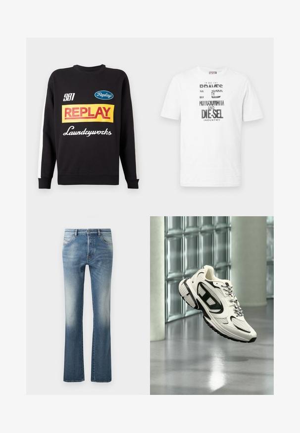 Sweat-shirt noir à col rond avec des rayures blanches sur les manches, présentant des logos de texte multicolores "Replay" et "Laundryworks" sur le devant.; T-shirt Diesel blanc à manches courtes avec texte graphique noir et blanc et logo sur le devant, col rond et étiquette logo rouge sur la couture latérale.; Jean en denim bleu clair à pattes d'éléphant avec un design à cinq poches, un léger délavage au niveau des cuisses et une taille standard avec passants de ceinture.; Baskets athlétiques blanches et noires avec des détails en mesh et des lacets à motifs suspendues en l'air dans un espace intérieur moderne avec des blocs de verre.