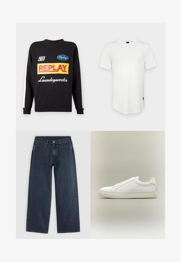 Zwarte crewneck sweatshirt met witte strepen op de mouwen, voorzien van kleurrijke "Replay" en "Laundryworks" tekstlogo's aan de voorkant.; Witte t-shirt met korte mouwen, gemaakt van katoen, met een ronde halslijn en een iets verlengde achterkant, voorzien van een klein logo-accent aan de zijkant.; Donkerblauwe jeans met wijde pijpen, vijf zakken, riemlussen, knoopsluiting en ritssluiting, plat gelegd op een lichte achtergrond.; Witte lage sneaker met veters aan de voorkant en dikke zool, zijaanzicht tegen een neutrale achtergrond.