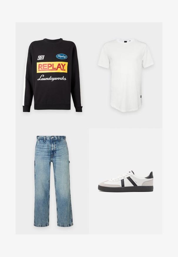 Musternud mustri sweat-pullover must sisaldab valgeid triibusid varrukatel, ees on mitmevärviline "Replay" ja "Laundryworks" tekstilogo.; Valge lühikeste varrukatega T-särk, mis on valmistatud puuvillast, ümmarguse kaelusega ja veidi pikema seljaga, küljes väike logo aktsent.; Hele helesinised teksad, millel on lõdvestunud lõige, sirged sääred, pleekinud tekstuur ja viis taskut. Omab vöökohtaga, millel on vööaasad ja õmblusaktsendid.; Valged tossud mustade ja hallide aktsentidega, tekstureeritud halli varbakattega, musta kummitald ja lamedad valged paelad. Puhtad jooned, minimalistlik stiil.