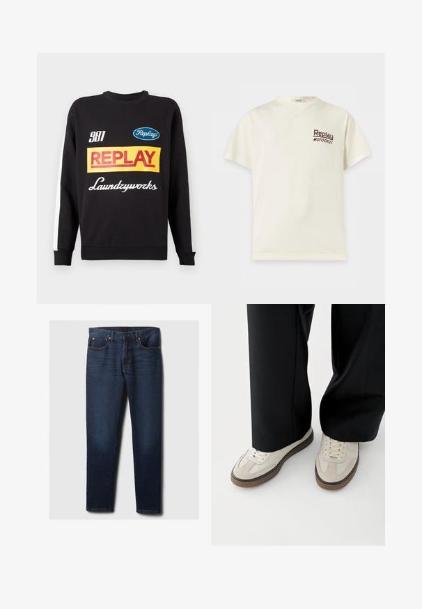 Musternud mustri sweat-pullover must sisaldab valgeid triibusid varrukatel, ees on mitmevärviline "Replay" ja "Laundryworks" tekstilogo.; Kreemikollane lühikeste varrukatega t-särk ümar kaelusega, millel on vasakul rinnal väikesed tumedad tähed ja "Replay Motocicli" trükitud.; Tumedad sinise kitsasteksitud teksad, millel on veidi kulumist reie esiosas, vasknupud ja klassikaline viie-tasku stiil, laotatud valgele taustale.; Jalad, mis kannavad beeži värvi tossusid pruunide talladega ja mustasid laiade säärega pükse valgel taustal.