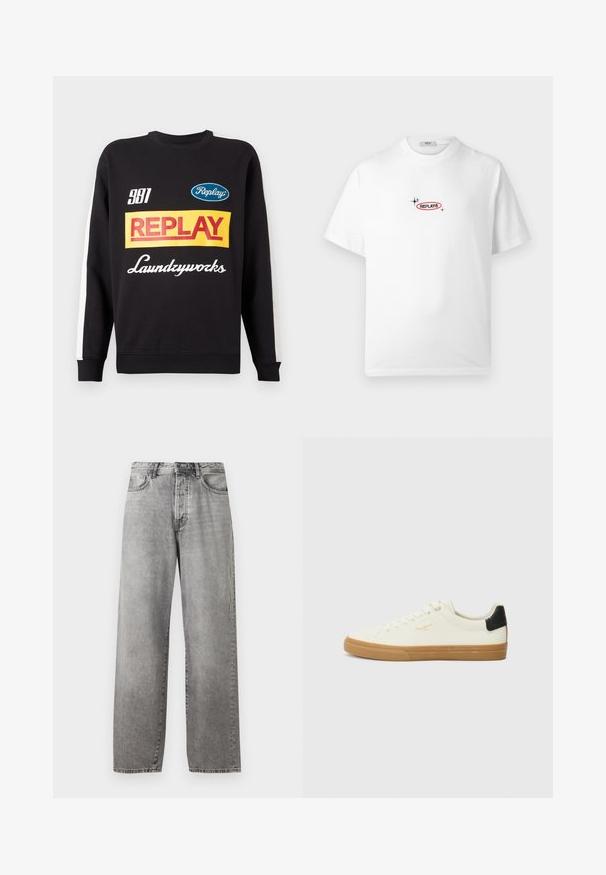 Sweat-shirt noir à col rond avec des rayures blanches sur les manches, présentant des logos de texte multicolores "Replay" et "Laundryworks" sur le devant.; T-shirt blanc à manches courtes avec petit logo « REPLAY® » noir avec contour rouge et deux petites icônes scintillantes noires sur la poitrine.; Jeans larges gris en denim. Présente une taille haute, cinq poches et une fermeture par bouton et zip. Légère décoloration sur le tissu.; Sneaker en toile blanche avec une semelle en gomme, accent au talon noir, bout rond et design à lacets. Présente le logo de la marque en doré sur le côté.