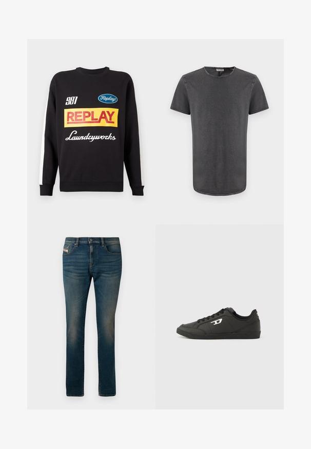 Musternud mustri sweat-pullover must sisaldab valgeid triibusid varrukatel, ees on mitmevärviline "Replay" ja "Laundryworks" tekstilogo.; Hall värviga lühikeste varrukatega t-särk ümmarguse kaelusega, pehmest kangast, millel on veidi kõverdatud äär ja nähtavad õmblusdetailid.; Tumedad sinised teksad, mis on valmistatud denimist, millel on viis taskut, nööpkinnitus ja kerge kulumise jäljed reitel, et anda neile kantud välimus.; Mustad sünteetilisest materjalist tennised, millel on tekstuuriga must tald, ümar nina ja madalad mustad nöörid. Välisküljel on silmatorkav valge logo.