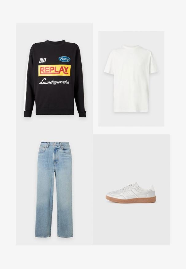 Sort crewneck sweatshirt med hvide striber på ærmerne, med flerfarvede "Replay" og "Laundryworks" tekstlogoer på fronten.; Hvid kortærmet T-shirt med rund hals og afslappet pasform på ensfarvet lys baggrund.; Lys blå, lige ben denim jeans med høj talje, der har fem lommer og subtil fading. Rå kant og kontrasterende syninger.; Sølv sneakers med en glat overflade, snørebånd, perforerede detaljer og en struktureret brun gummi sål.