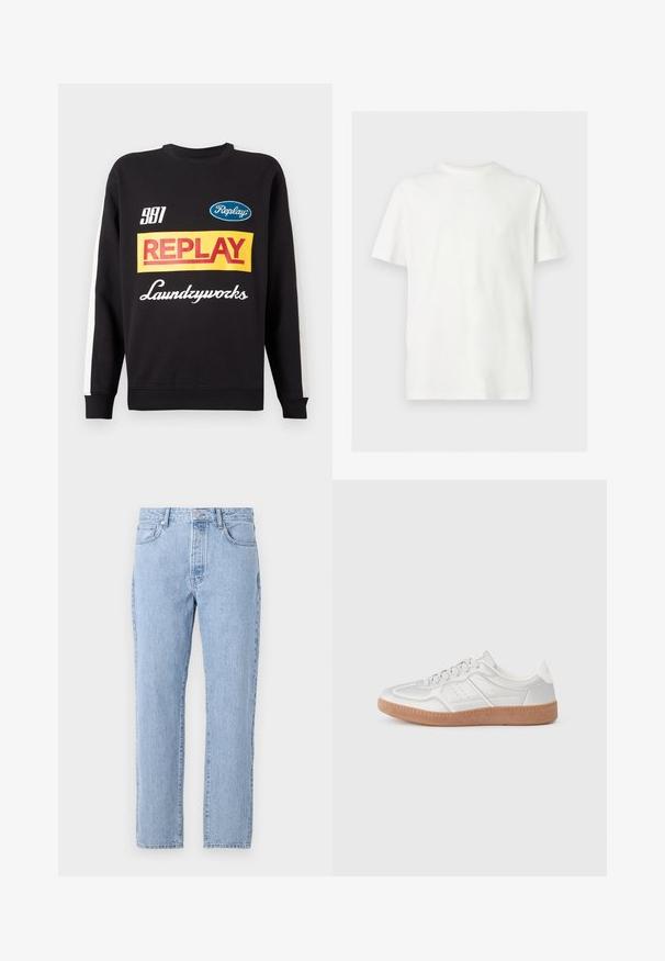 Sort crewneck sweatshirt med hvide striber på ærmerne, med flerfarvede "Replay" og "Laundryworks" tekstlogoer på fronten.; Hvid kortærmet T-shirt med rund hals og afslappet pasform på ensfarvet lys baggrund.; Lysblå denim jeans med lige ben-design, fem lommer og knaplukning. Blød tekstur med en klassisk falmet finish.; Sølv sneakers med en glat overflade, snørebånd, perforerede detaljer og en struktureret brun gummi sål.