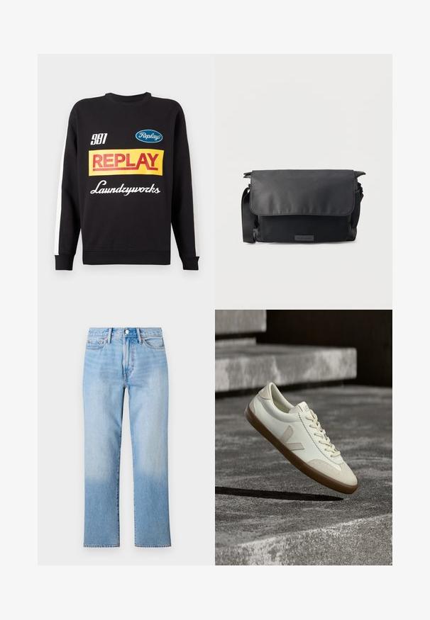 Musternud mustri sweat-pullover must sisaldab valgeid triibusid varrukatel, ees on mitmevärviline "Replay" ja "Laundryworks" tekstilogo.; Heledad denim-püksid heledast sinisest, sirge sääre disainiga, mis on ühetooni pestud, standardsete viie tasku stiiliga ning klassikalise nööbilukuga.; Valged nahast tennised pruunika kummist tallaga, lamedate paeltega ja V-kujulise aktsendiga küljel. Omaduseks on sile pind ja minimaalsed õmblused.; Must messenger-tüüpi kott klapi ja tekstureeritud eesmise taskuga, reguleeritava õlarihmaga ning minimalistliku disainiga ühevärvilisel taustal.