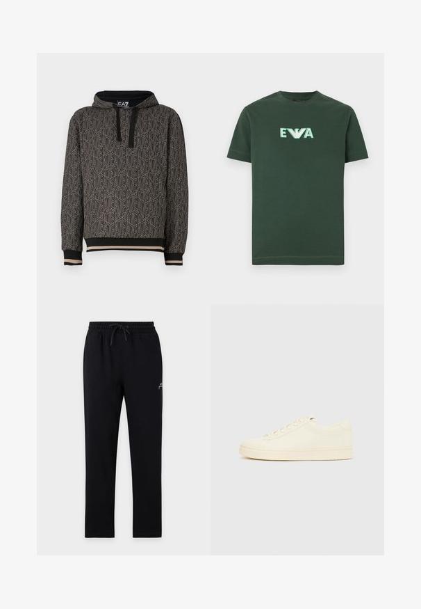 Dunkelgrauer Hoodie mit einem sich wiederholenden geometrischen Muster, aus einem strukturierten Stoff gefertigt. Kapuze mit schwarzen Kordeln und gestreiften Bündchen am Saum.; Dunkelgrünes T-Shirt mit kurzen Ärmeln und Rundhalsausschnitt, mit weißer und grüner Stickerei "EWA" sowie einem vogelähnlichen Logo auf der Vorderseite in der Mitte.; Schwarze Jogginghose mit elastischem Bund und Kordelzug, geraden Beinen und kleinem weißem Logo am oberen linken Oberschenkel.; Cremefarbener Sneaker mit glattem Lederoberteil, abgerundeter Zehenpartie, Schnürung vorne und strukturierter Gummisohle. Minimalistisches Design, ohne Logos.
